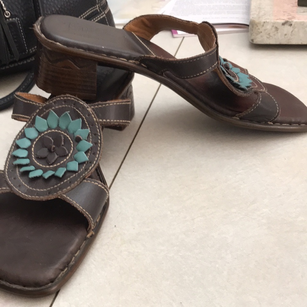 Women's Brown Leather Slide Sandals with Teal Floral Accent - Picture 9 of 10